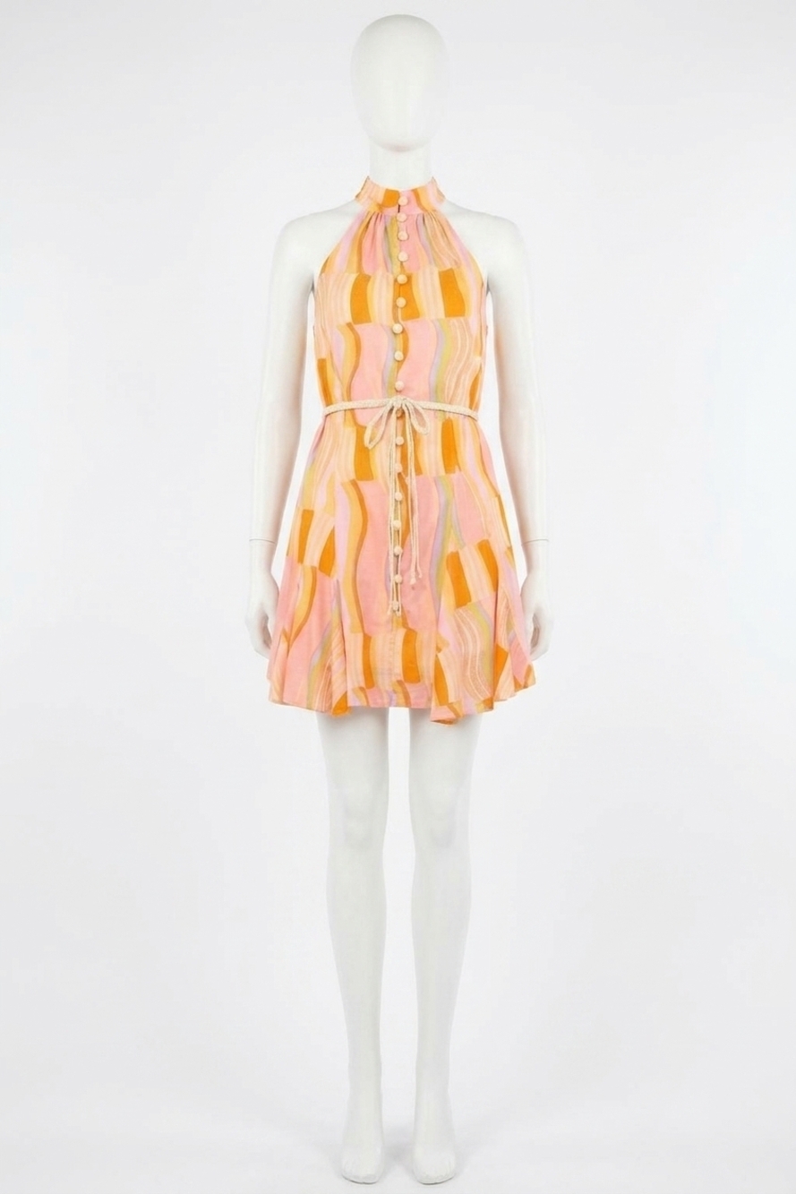 NEW FATE printed cotton voile halter neck dress with belt in multi pastel